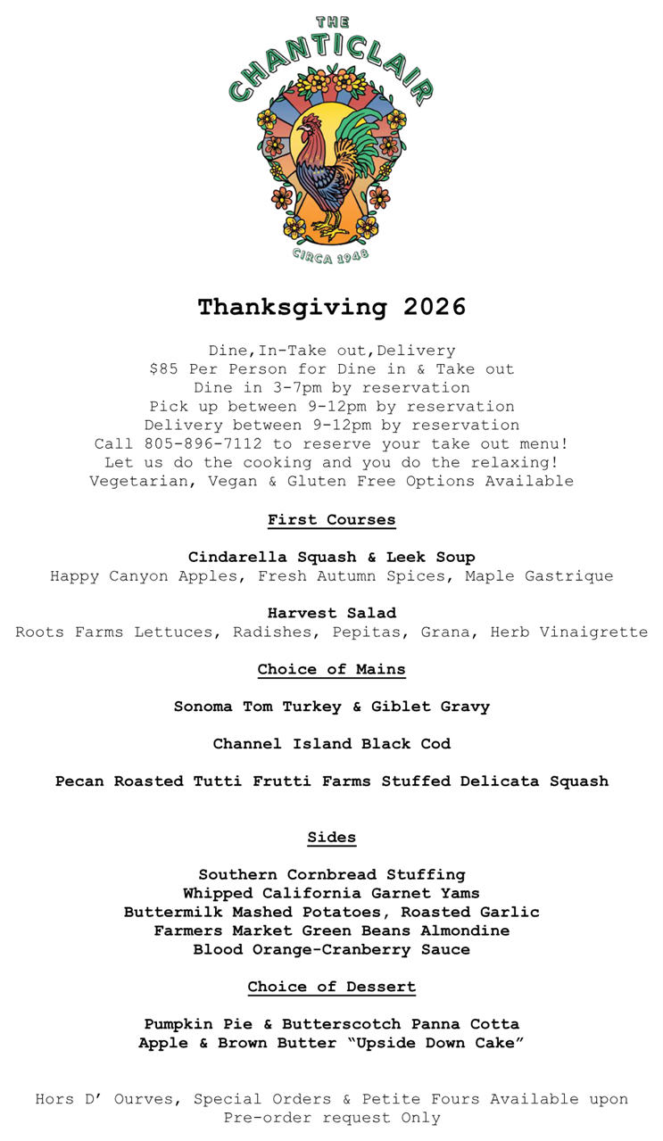 Thanksgiving 2026 holiday menu at The Chanticlair — Santa Barbara dine-in, takeout, and delivery